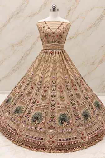 Beige Color Crystal Beads,Sequence And Zari Embroidery Work Net Lehenga Choli