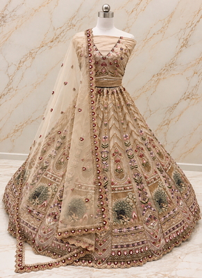 Beige Color Crystal Beads,Sequence And Zari Embroidery Work Net Lehenga Choli 4