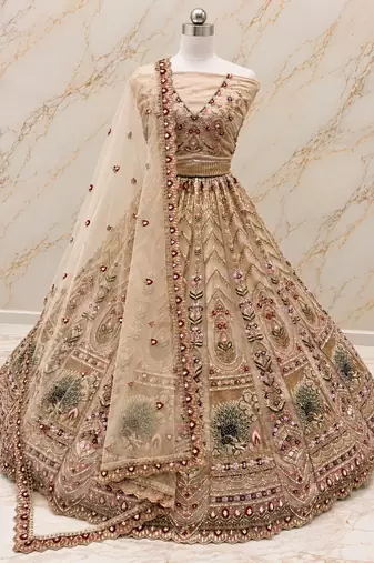 Beige Color Crystal Beads,Sequence And Zari Embroidery Work Net Lehenga Choli