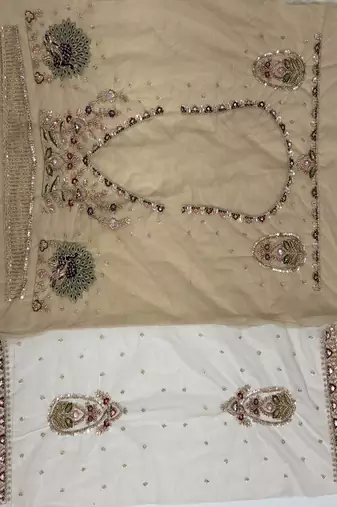 Beige Color Crystal Beads,Sequence And Zari Embroidery Work Net Lehenga Choli