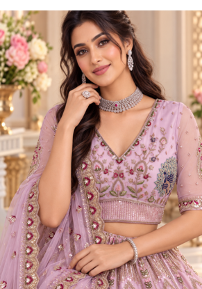 Lavender Color Crystal Beads,Sequence And Zari Embroidery Work Net Lehenga Choli 2