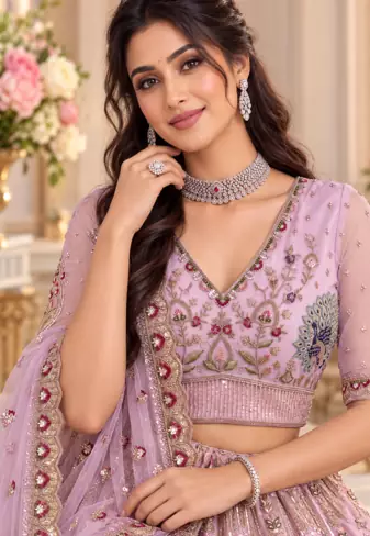 Lavender Color Crystal Beads,Sequence And Zari Embroidery Work Net Lehenga Choli