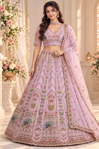 Lavender Color Crystal Beads,Sequence And Zari Embroidery Work Net Lehenga Choli