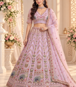 Lavender Color Crystal Beads,Sequence And Zari Embroidery Work Net Lehenga Choli