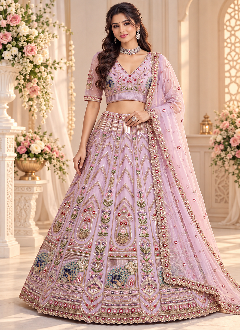 Lavender Color Crystal Beads,Sequence And Zari Embroidery Work Net Lehenga Choli