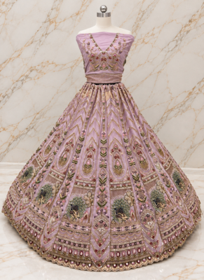 Lavender Color Crystal Beads,Sequence And Zari Embroidery Work Net Lehenga Choli 3