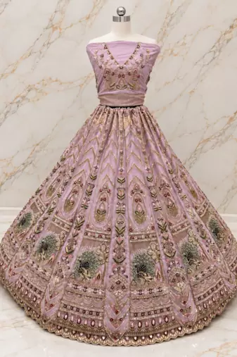 Lavender Color Crystal Beads,Sequence And Zari Embroidery Work Net Lehenga Choli