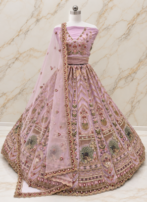Lavender Color Crystal Beads,Sequence And Zari Embroidery Work Net Lehenga Choli 4