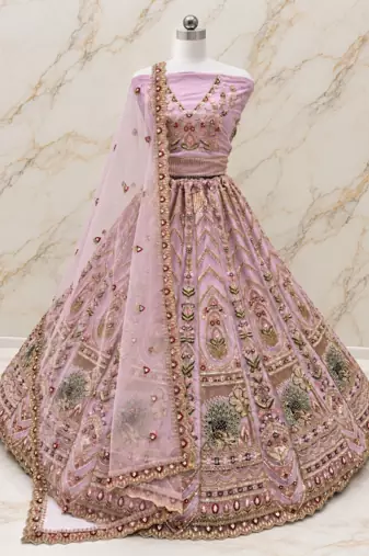 Lavender Color Crystal Beads,Sequence And Zari Embroidery Work Net Lehenga Choli