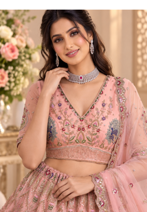 Peach Color Crystal Beads,Sequence And Zari Embroidery Work Net Lehenga Choli 2