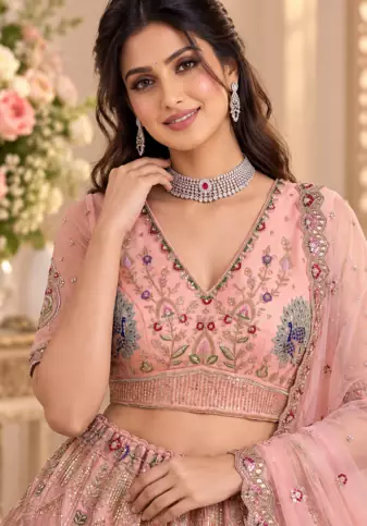 Peach Color Crystal Beads,Sequence And Zari Embroidery Work Net Lehenga Choli