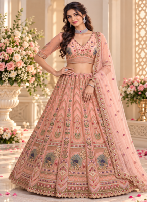 Peach Color Crystal Beads,Sequence And Zari Embroidery Work Net Lehenga Choli 1