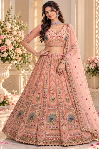 Peach Color Crystal Beads,Sequence And Zari Embroidery Work Net Lehenga Choli