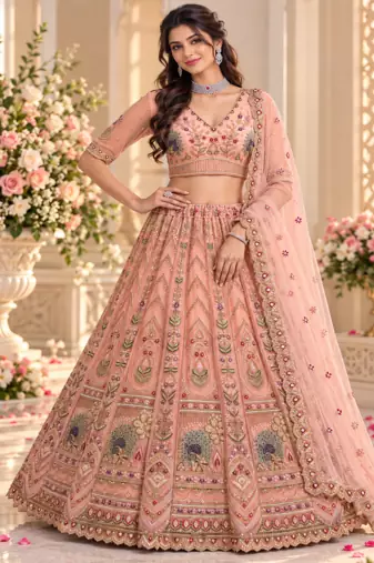 Peach Color Crystal Beads,Sequence And Zari Embroidery Work Net Lehenga Choli