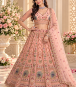 Peach Color Crystal Beads,Sequence And Zari Embroidery Work Net Lehenga Choli