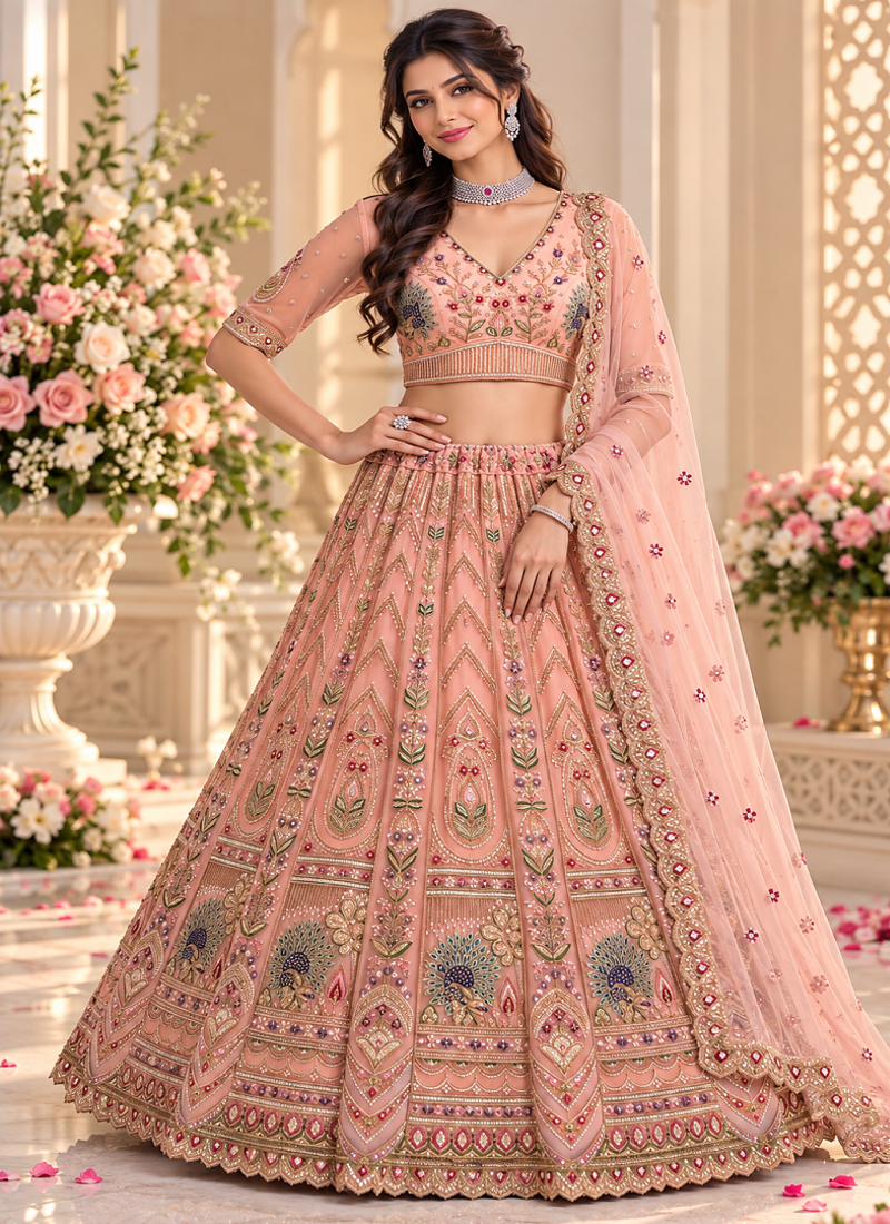 Peach Color Crystal Beads,Sequence And Zari Embroidery Work Net Lehenga Choli