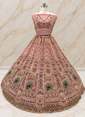 Peach Color Crystal Beads,Sequence And Zari Embroidery Work Net Lehenga Choli 3