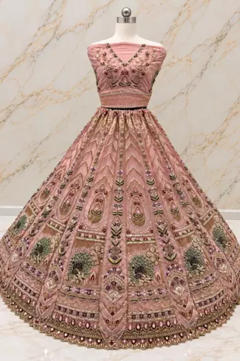Peach Color Crystal Beads,Sequence And Zari Embroidery Work Net Lehenga Choli