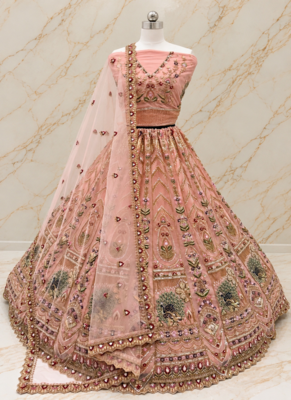 Peach Color Crystal Beads,Sequence And Zari Embroidery Work Net Lehenga Choli 4