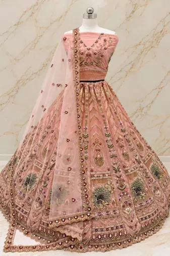 Peach Color Crystal Beads,Sequence And Zari Embroidery Work Net Lehenga Choli