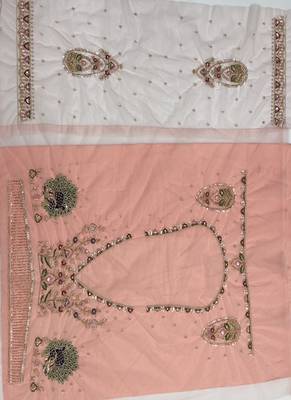 Peach Color Crystal Beads,Sequence And Zari Embroidery Work Net Lehenga Choli 5