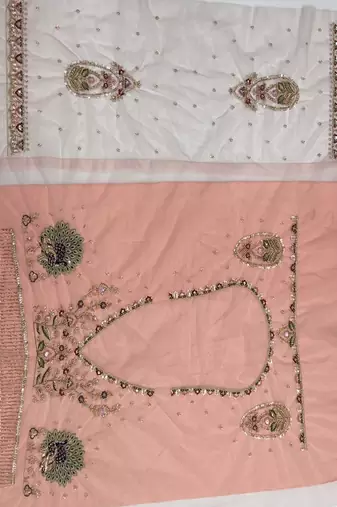 Peach Color Crystal Beads,Sequence And Zari Embroidery Work Net Lehenga Choli