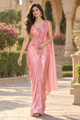 butterfly sequin work nc satin ready to wear saree with stitched blouse 2