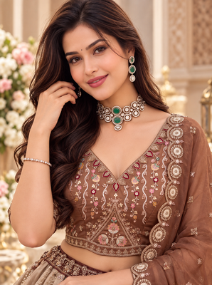 Brown Color Crystal Beads,Handwork,Stone,Thread And Sequins Work Silk_Blend Lehenga Choli 2