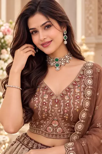 Brown Color Crystal Beads,Handwork,Stone,Thread And Sequins Work Silk_Blend Lehenga Choli