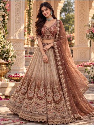 Brown Color Crystal Beads,Handwork,Stone,Thread And Sequins Work Silk_Blend Lehenga Choli 1