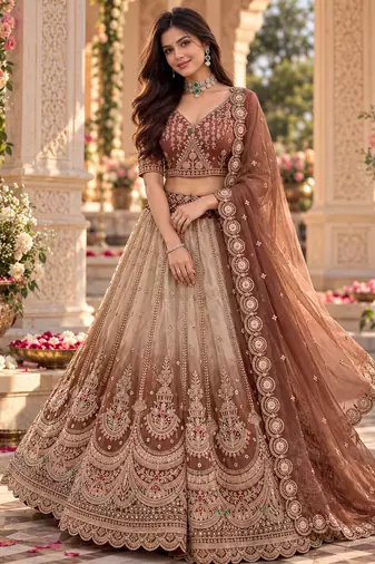 Brown Color Crystal Beads,Handwork,Stone,Thread And Sequins Work Silk_Blend Lehenga Choli