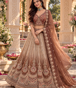 Brown Color Crystal Beads,Handwork,Stone,Thread And Sequins Work Silk_Blend Lehenga Choli