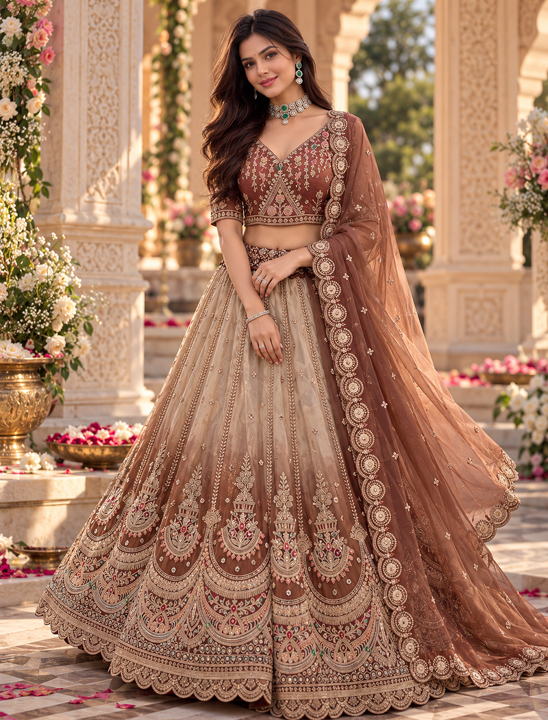 Brown Color Crystal Beads,Handwork,Stone,Thread And Sequins Work Silk_Blend Lehenga Choli