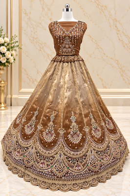 Brown Color Crystal Beads,Handwork,Stone,Thread And Sequins Work Silk_Blend Lehenga Choli 3