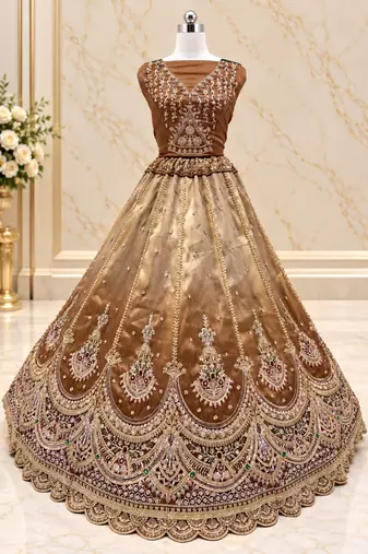 Brown Color Crystal Beads,Handwork,Stone,Thread And Sequins Work Silk_Blend Lehenga Choli