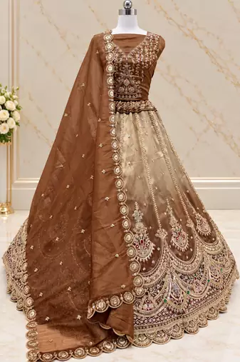 Brown Color Crystal Beads,Handwork,Stone,Thread And Sequins Work Silk_Blend Lehenga Choli