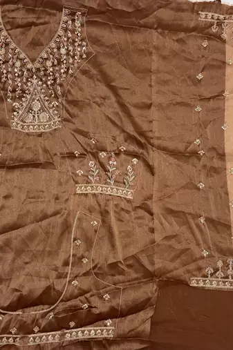 Brown Color Crystal Beads,Handwork,Stone,Thread And Sequins Work Silk_Blend Lehenga Choli