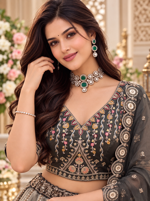 Dark Grey Color Crystal Beads,Handwork,Stone,Thread And Sequins Work Silk_Blend Lehenga Choli 2