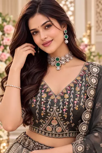 Dark Grey Color Crystal Beads,Handwork,Stone,Thread And Sequins Work Silk_Blend Lehenga Choli