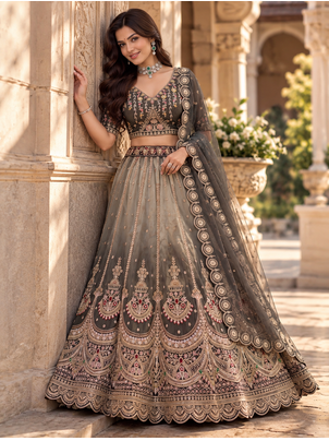 Dark Grey Color Crystal Beads,Handwork,Stone,Thread And Sequins Work Silk_Blend Lehenga Choli 1