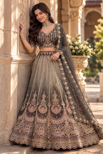 Dark Grey Color Crystal Beads,Handwork,Stone,Thread And Sequins Work Silk_Blend Lehenga Choli