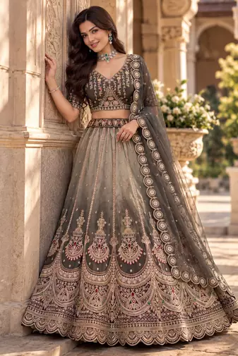 Dark Grey Color Crystal Beads,Handwork,Stone,Thread And Sequins Work Silk_Blend Lehenga Choli