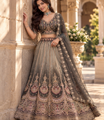 Dark Grey Color Crystal Beads,Handwork,Stone,Thread And Sequins Work Silk_Blend Lehenga Choli