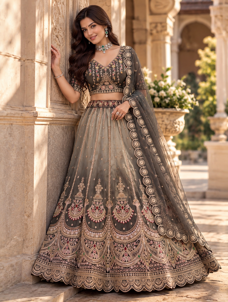 Dark Grey Color Crystal Beads,Handwork,Stone,Thread And Sequins Work Silk_Blend Lehenga Choli