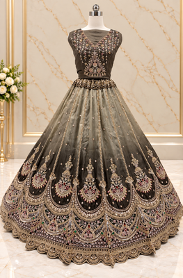 Dark Grey Color Crystal Beads,Handwork,Stone,Thread And Sequins Work Silk_Blend Lehenga Choli 3