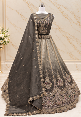 Dark Grey Color Crystal Beads,Handwork,Stone,Thread And Sequins Work Silk_Blend Lehenga Choli 4