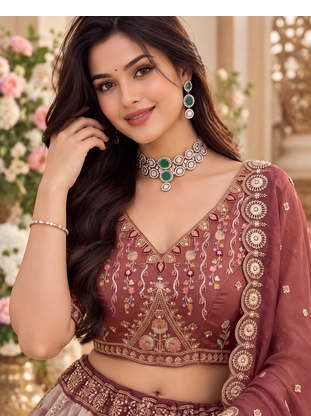 Onion Pink Color Crystal Beads,Handwork,Stone,Thread And Sequins Work Silk_Blend Lehenga Choli 2