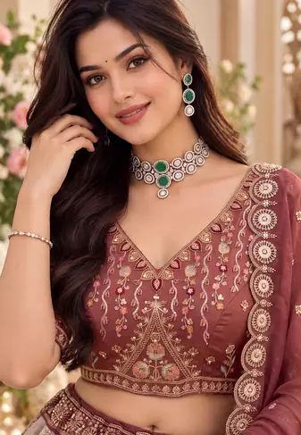Onion Pink Color Crystal Beads,Handwork,Stone,Thread And Sequins Work Silk_Blend Lehenga Choli