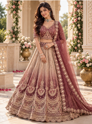 Onion Pink Color Crystal Beads,Handwork,Stone,Thread And Sequins Work Silk_Blend Lehenga Choli 1