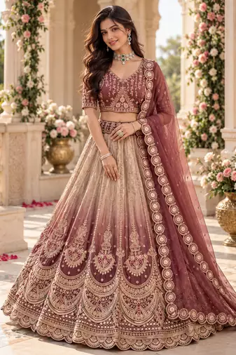 Onion Pink Color Crystal Beads,Handwork,Stone,Thread And Sequins Work Silk_Blend Lehenga Choli